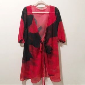Silky red black watercolor coverup kimono